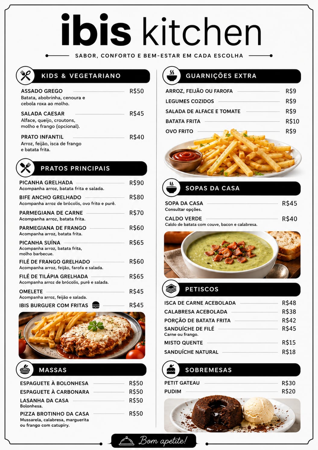 Cardápio ibis kitchen — pratos, massas e petiscos